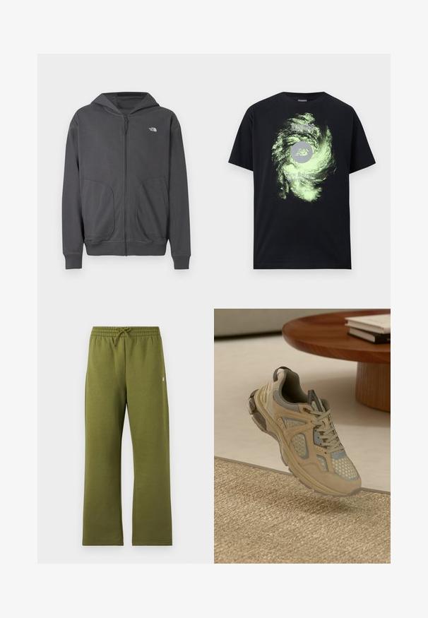 Grå hættetrøje med lynlås lavet af blødt stof, med en kengurulomme, ribstrikkede manchetter og en lille logo på venstre bryst.; Sort kortærmet T-shirt med grafik af en grøn, hvirvlende galakse, teksten "New Balance Athletics Inc." og teksten "Running Since 1906" over logoet.; Olivengrønne sweatpants med lige ben, elastisk taljebånd og snor, lavet af blødt stof.; Beige og grå atletiske sneakers med mesh- og ruskindsdetaljer, svævende over et vævet tæppe ved siden af et trækaffebord med bøger.