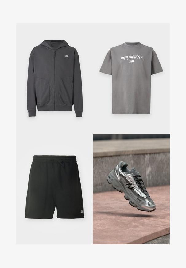 Sivá mikina na zips vyrobená z mäkkej látky, s klokankovou kapsou, ribovými manžetami a malým logom na ľavej strane hrudníka.; Sivá bavlnená tričko s okrúhlym výstrihom, krátkymi rukávmi a bielym logom "new balance ATHLETICS" vytlačeným na prednej strane.; Čierne bavlnené atletické šortky s elastickým pásom, nastaviteľnou šnúrkou a logom na dolnej ľavej nohe. Hladká textúra.; Šedá a strieborná teniska New Balance označená „1000“ vznášajúca sa nad ružovkastým kamenným povrchom s pozadím zo šedej kamennej steny.
