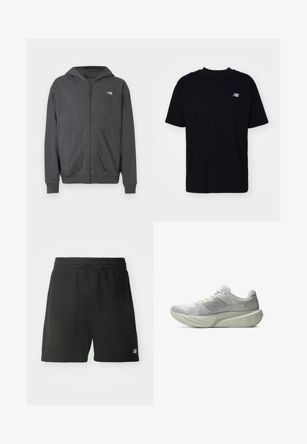 Grauer Kapuzenpullover mit Reißverschluss aus weichem Stoff, mit Kängurutasche, gerippten Bündchen und einem kleinen Logo auf der linken Brust.; Schwarzes Baumwoll-T-Shirt mit rundem Halsausschnitt, kurzen Ärmeln und einem kleinen, geprägten Logo auf der linken Brust. Klassischer Schnitt und glatte Textur.; Schwarze Baumwoll-Sportshorts mit elastischem Bund, verstellbarem Kordelzug und Logodetail am unteren linken Bein. Glatte Textur.; Hellgrauer Sportschuh mit dicker, geformter Sohle und gemustertem Obermaterial, mit einem stilisierten "N"-Logo an der Seite.