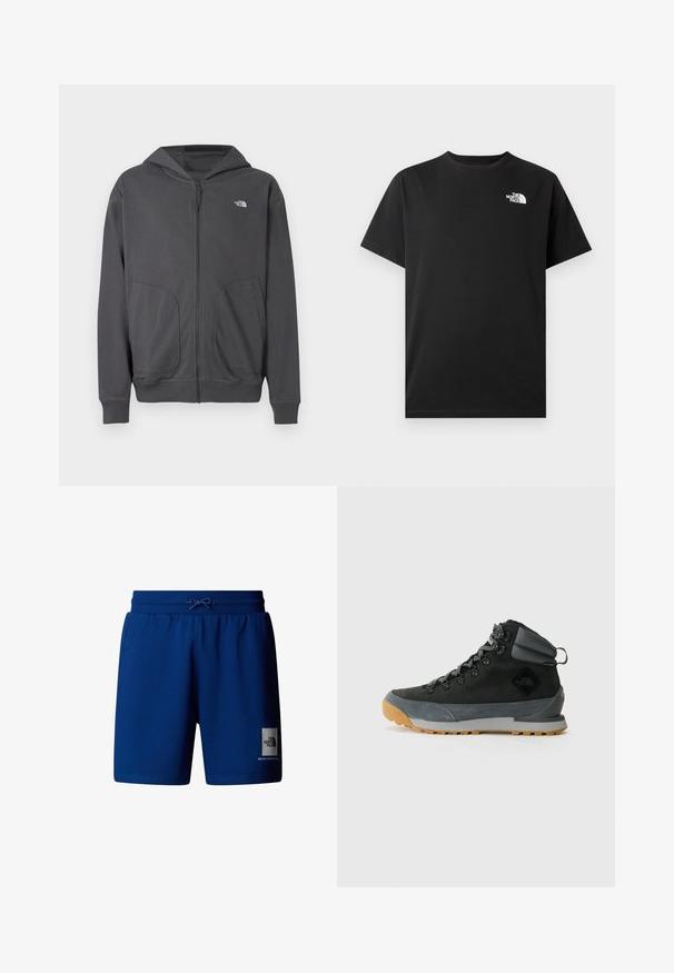 Sudadera con capucha gris con cremallera, hecha de tela suave, que cuenta con un bolsillo tipo canguro, puños de canalé y un pequeño logo en el pecho izquierdo.; Camiseta de algodón negra con manga corta, cuello redondo y un pequeño logo blanco en el área del pecho izquierdo. Textura suave, ajuste estándar.; Pantalones cortos de algodón azul con cintura elástica y cordón. Cuenta con un parche de logo en la pierna izquierda. Textura suave, diseño hasta la rodilla.; Botas de senderismo negras de caña alta, hechas de ante texturizado y materiales sintéticos, con acentos grises, suela de goma robusta y cordones grises.