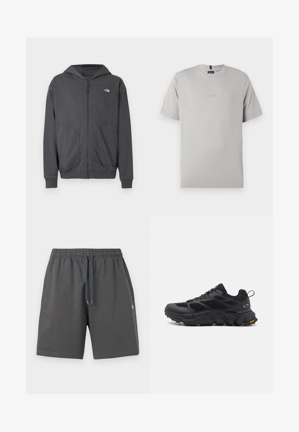 Sudadera con capucha gris con cremallera, hecha de tela suave, que cuenta con un bolsillo tipo canguro, puños de canalé y un pequeño logo en el pecho izquierdo.; Camiseta gris de manga corta hecha de suave algodón, con un logo sutil en la parte frontal. Diseño clásico de cuello redondo y dobladillo recto.; Pantalones cortos grises hechos de una tela suave con una cintura elástica y cordón ajustable. Presentan un diseño sencillo sin bolsillos ni patrones.; Zapatos deportivos negros con una suela gruesa, parte superior de malla y sintético, acentos texturizados y marca Vibram en la suela exterior.