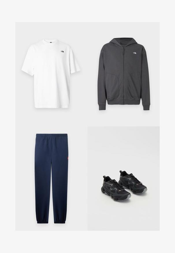 Sweat à capuche gris zippé en tissu doux, avec une poche kangourou, des poignets côtelés et un petit logo sur le côté gauche de la poitrine.; T-shirt en coton blanc à manches courtes, col en V, avec un petit logo noir sur le côté supérieur gauche. Texture douce, coupe décontractée.; Pantalon de survêtement bleu marine longueur totale avec taille et chevilles élastiques, comprenant une petite étiquette de logo rouge sur la hanche droite.; Chaussures de sport noires avec une tige en maille texturée, dotées d'une semelle épaisse, d'un système de laçage et de subtils accents gris.