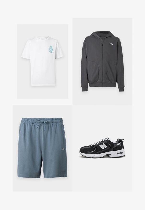 Sweat à capuche gris zippé en tissu doux, avec une poche kangourou, des poignets côtelés et un petit logo sur le côté gauche de la poitrine.; T-shirt blanc à manches courtes avec col rond, orné d'un petit dessin d'œil bleu à l'intérieur d'une forme de goutte sur le côté gauche de la poitrine.; Shorts à taille élastique bleue avec cordon de serrage et petit logo blanc The North Face sur la cuisse gauche.; Baskets de sport noires et grises avec un tige en mesh et en suède, présentant une semelle intermédiaire blanche, des lacets et un logo "N" audacieux sur le côté.