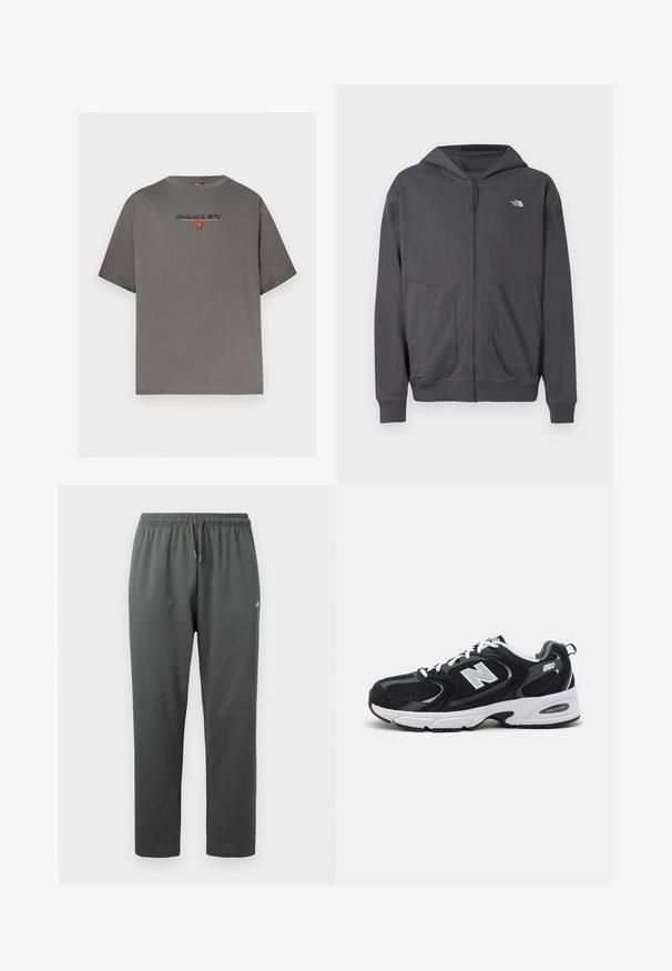 Sweat à capuche gris zippé en tissu doux, avec une poche kangourou, des poignets côtelés et un petit logo sur le côté gauche de la poitrine.; T-shirt gris à manches courtes avec le logo "OAKLEY" et un petit graphisme rouge centré sur la poitrine, présenté sur un fond blanc uni.; Pantalon de survêtement en polaire gris foncé avec taille élastique et cordon de serrage, avec un petit logo sur la cuisse droite.; Baskets de sport noires et grises avec un tige en mesh et en suède, présentant une semelle intermédiaire blanche, des lacets et un logo "N" audacieux sur le côté.