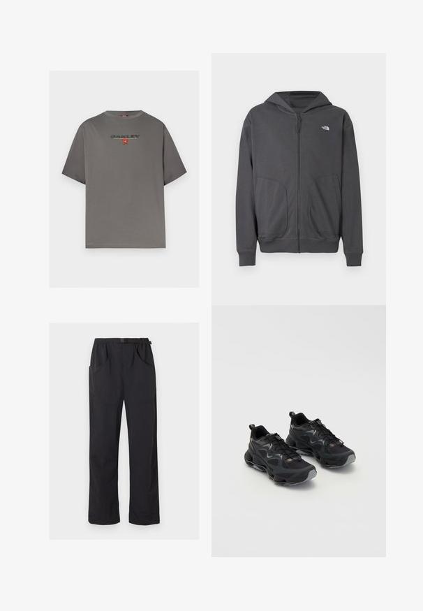 Sweat à capuche gris zippé en tissu doux, avec une poche kangourou, des poignets côtelés et un petit logo sur le côté gauche de la poitrine.; T-shirt gris à manches courtes avec le logo "OAKLEY" et un petit graphisme rouge centré sur la poitrine, présenté sur un fond blanc uni.; Pantalon noir à jambe droite avec taille élastique et ceinture ajustable à boucle, doté de poches avant et latérales.; Chaussures de sport noires avec une tige en maille texturée, dotées d'une semelle épaisse, d'un système de laçage et de subtils accents gris.