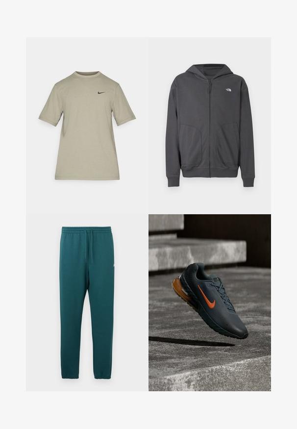 Sivá mikina na zips vyrobená z mäkkej látky, s klokankovou kapsou, ribovými manžetami a malým logom na ľavej strane hrudníka.; Svetlosivé krátke rukávy tričko Nike s okrúhlym výstrihom a malým čiernym logom Nike swoosh na ľavej strane hrude.; Tyrkysové tepláky z jemnej látky, s elastickým pásom so sťahovacou šnúrkou a zúženými nohavicami s elastickými manžetami.; Tmavosivé a oranžové bežecké topánky Nike vznášajúce sa nad textúrovanými betónovými schodmi, zvýraznené mäkkým prirodzeným svetlom a tieňmi.