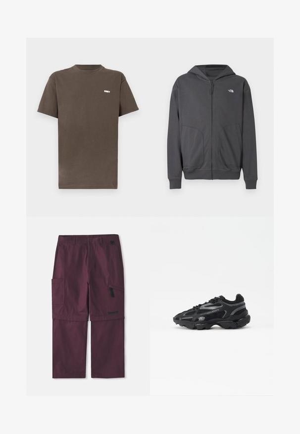 Sweat à capuche gris zippé en tissu doux, avec une poche kangourou, des poignets côtelés et un petit logo sur le côté gauche de la poitrine.; T-shirt en coton marron avec un col rond et des manches courtes. Il présente un petit logo blanc "OBEY" sur la partie supérieure gauche de la poitrine.; Pantalons cargo convertibles bordeaux avec poche zippée sur le côté et logo Timberland sur la jambe droite, avec entrejambe allongé montré.; Baskets de sport noires avec tige en mesh et synthétique. Comprend une semelle texturée, des accents réfléchissants et un talon renforcé.