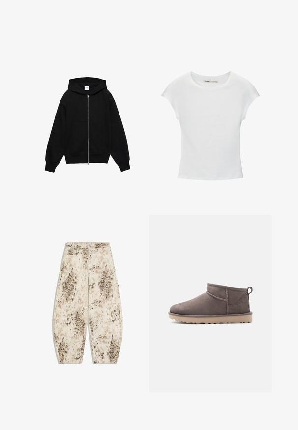 Sweat à capuche noir zippé avec une poche avant, une capuche et des manches larges, fabriqué en tissu doux avec une texture lisse et sans motifs visibles.; T-shirt en coton blanc avec manches courtes retroussées, encolure ronde et ourlet droit. Texture lisse sans motifs ni accents visibles.; Pantalon taille haute à jambes larges avec imprimé animal abstrait beige et marron, fermeture à boutons sur le devant et passants pour ceinture.; Chaussure basse en daim marron, modèle slip-on, avec semelle texturée et languette d'aide au chaussage, sur un fond uni.