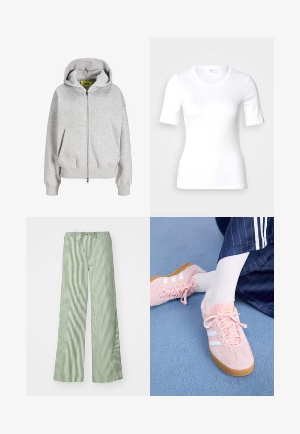 Lysegrå hættetrøje med lynlås foran, forlommer, ribstrikkede manchetter og hætte, vist på en hvid baggrund.; Hvid T-shirt med korte ærmer lavet af glat bomuld, med rund halsudskæring og en tætsiddende pasform. Klassisk design uden mønstre eller detaljer.; Grønne stribede bukser med vidde, elastisk talje og snore. Lavet af letvægtsstof med lodrette hvide striber.; Lyserøde ruskinds sneakers med hvide striber og snørebånd, udstyret med en struktureret tunge og en gummisål, placeret på et blåt tæppe.