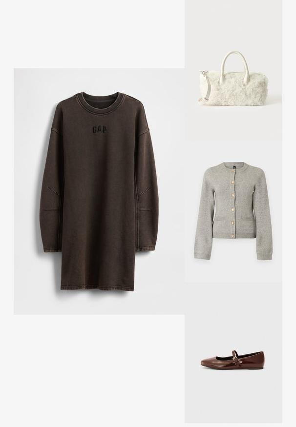 Lichtgrijze gebreide cardigan met een ronde halslijn, lange mouwen en goudkleurige knopen aan de voorkant. Beschikt over twee voorzakken.; Bruine oversized sweatshirtjurk gemaakt van zacht materiaal, met een ronde halslijn en een geborduurd "GAP"-logo op de borst.; Bruine gepatineerde leren balletschoen met een vierkante neus en een bandje met een kleine gouden gesp. Gladde textuur, lage hak en minimalistisch ontwerp.; Kleine witte handtas met een gekrulde bonttextuur, dubbele handvatten en een afneembare schouderriem tegen een effen lichte achtergrond.