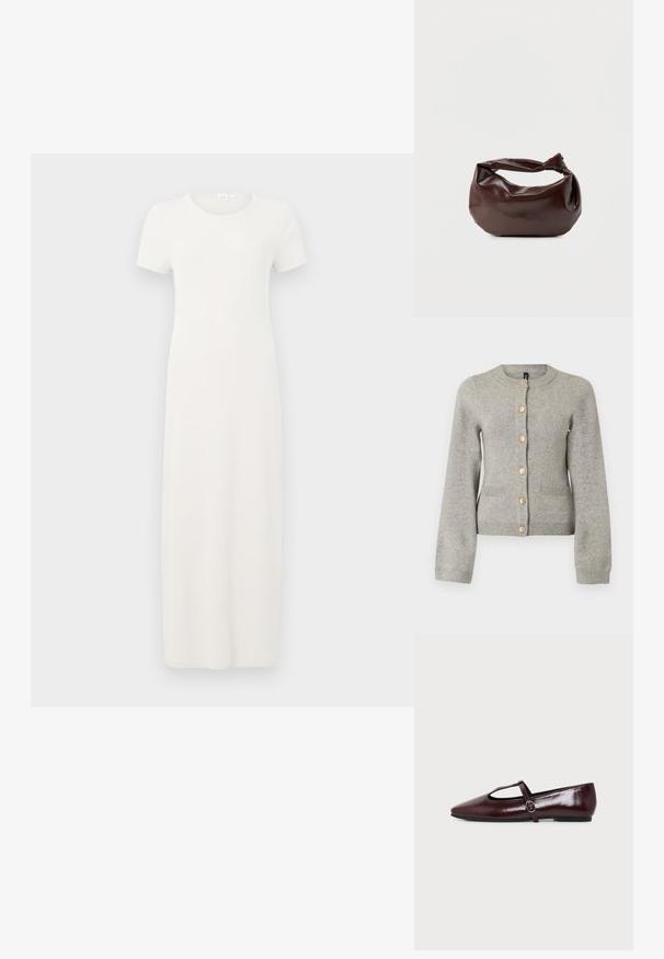 Lys grå strikket cardigan med rund halsudskæring, lange ærmer og guldfarvede knapper ned foran. Har to forlommer.; Beige, kortærmet kjole i knælængde lavet af blødt bomuldsstof. Har rund halsudskæring og en enkel, lige silhuet.; Mørk burgunderfarvet flad lædersko med spids tå og en tynd T-rem med en sølvspænde på en hvid baggrund.; Mørkebrun læder skuldertaske med en blød, afslappet form og et snoet knudehåndtag på en ensartet hvid baggrund.
