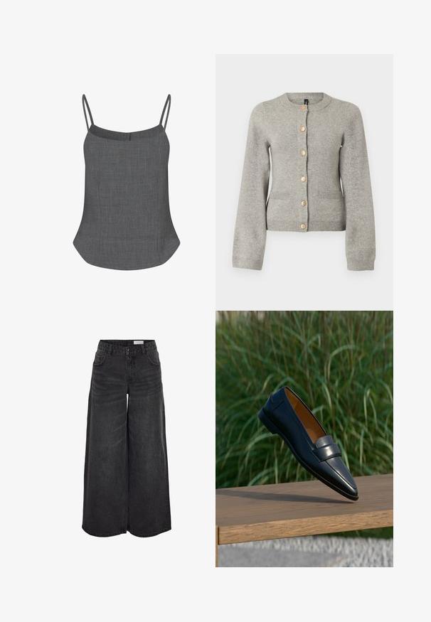 Cardigan en maille gris clair avec un col rond, des manches longues et des boutons dorés sur le devant. Il dispose de deux poches avant.; Camisole en lin gris avec de fines bretelles spaghetti, un décolleté droit et un ourlet évasé, présentant une finition texturée subtile.; Pantalons en denim noir à jambes larges avec taille haute, poches avant et texture subtile ; conçus pour un ajustement décontracté.; Mocassin en cuir noir pour homme avec détail de bride, en équilibre sur le bord d’un banc en bois sur un fond flou d’herbe verte.