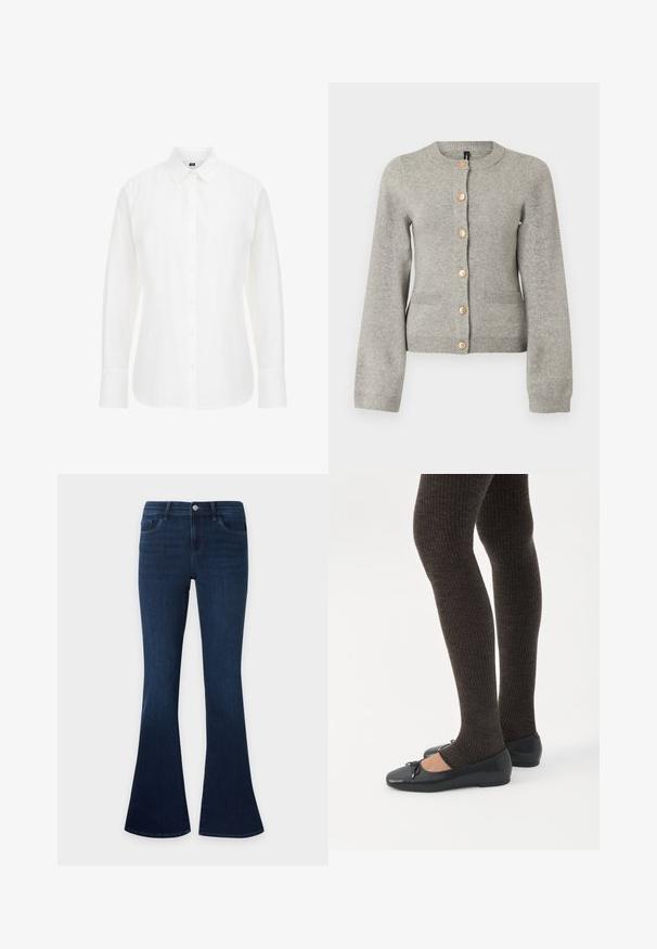 Lys grå strikket cardigan med rund halsudskæring, lange ærmer og guldfarvede knapper ned foran. Har to forlommer.; Hvid langærmet skjorte lavet af bomuld, med en klassisk krave, frontknapper og lige kant med let afrundede kanter.; Mørkeblå denimjeans med høj talje og flared ben, med forlommer, bæltestropper og knaplukning.; Ben iført mørke ribbede leggings kombineret med sorte balletsko med små sløjfedetaljer på hvid baggrund.