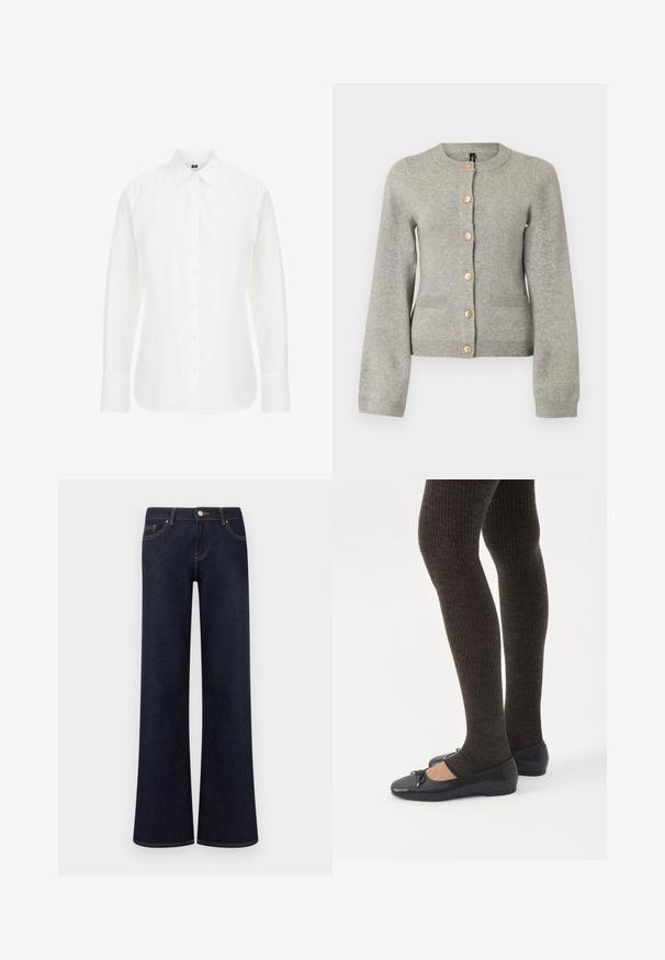 Lys grå strikket cardigan med rund halsudskæring, lange ærmer og guldfarvede knapper ned foran. Har to forlommer.; Hvid langærmet skjorte lavet af bomuld, med en klassisk krave, frontknapper og lige kant med let afrundede kanter.; Mørkeblå vidde denimjeans med forlommer, knap- og lynlåslukning samt synlige kontrastsyninger.; Ben iført mørke ribbede leggings kombineret med sorte balletsko med små sløjfedetaljer på hvid baggrund.