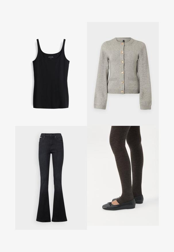 Lichtgrijze gebreide cardigan met een ronde halslijn, lange mouwen en goudkleurige knopen aan de voorkant. Beschikt over twee voorzakken.; Zwarte tanktop met dunne bandjes, gemaakt van zacht, rekbaar materiaal. Heeft een eenvoudig, getailleerd ontwerp en een ronde halslijn.; Zwarte flared jeans van denim, met een klassiek vijf-pocket ontwerp, een knoopsluiting en subtiele stiksels.; Benen met donkere geribbelde leggings gecombineerd met zwarte ballerina's met kleine strikdetails op een witte achtergrond.