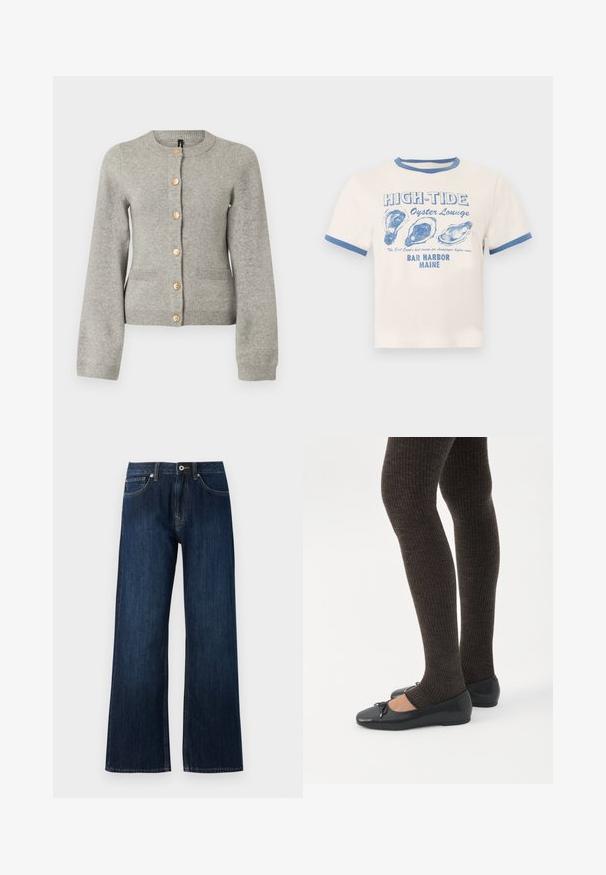 Cardigan en maille gris clair avec un col rond, des manches longues et des boutons dorés sur le devant. Il dispose de deux poches avant.; T-shirt crème avec bordure bleue présentant le texte « HIGH-TIDE Oyster Lounge » et trois illustrations de coquilles d'huîtres bleues, en référence à Bar Harbor, Maine.; Jeans en denim bleu foncé à jambe large, avec une fermeture éclair, un bouton, et deux poches avant avec des coutures contrastantes.; Jambes portant des leggings côtelés foncés associés à des ballerines noires avec de petits détails en nœud sur fond blanc.
