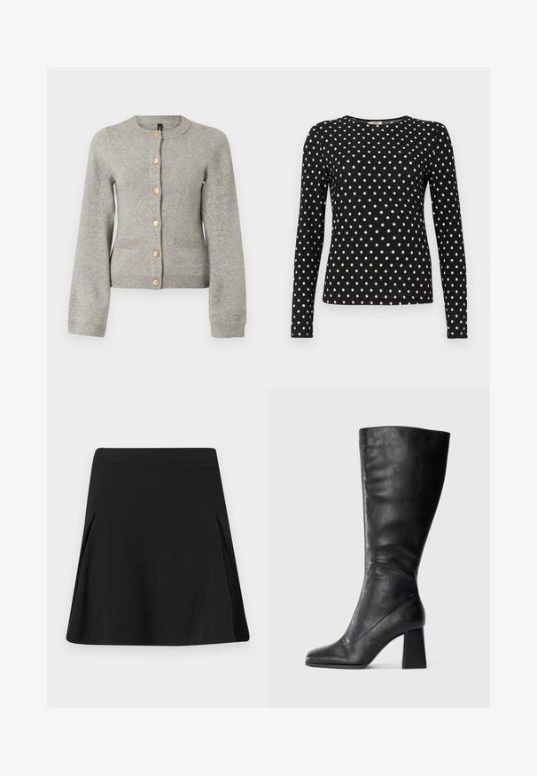 Cardigan en maille gris clair avec un col rond, des manches longues et des boutons dorés sur le devant. Il dispose de deux poches avant.; Haut à manches longues noir avec des pois blancs, col rond et tissu texturé. Offre une silhouette ajustée, idéale pour un look décontracté.; Jupe noire trapèze avec de légers plis sur les côtés, ceinture plate et texture de tissu lisse.; Botte noire montant jusqu'au genou en cuir lisse, avec un bout carré et un talon bloc épais. Design simple sans ornements.