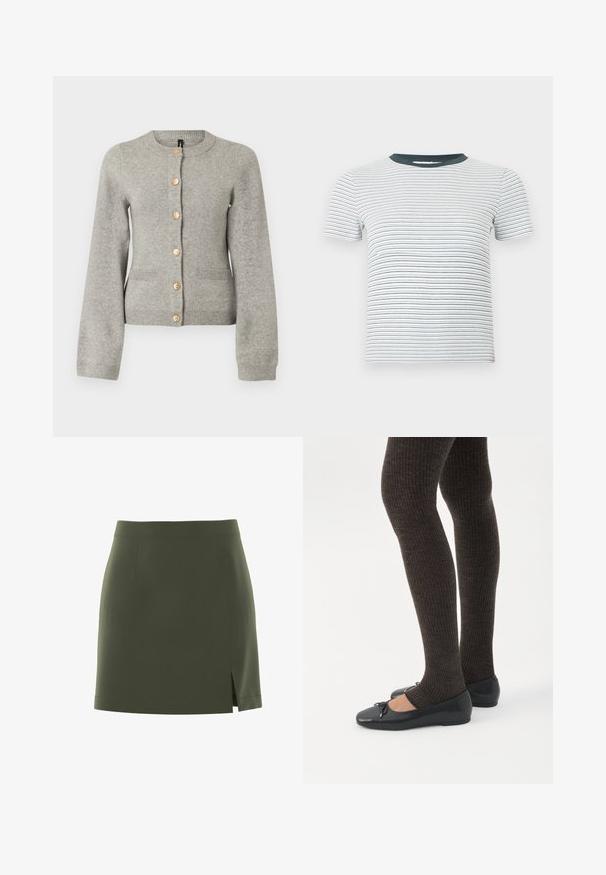 Lys grå strikket cardigan med rund halsudskæring, lange ærmer og guldfarvede knapper ned foran. Har to forlommer.; Hvid kortærmet ribbet t-shirt med tynde horisontale sorte striber og en ensfarvet mørkegrå rund halsudskæring.; Mini nederdel i olivengrøn med tætsiddende design, lige kant og sideslids. Fremstillet i en glat, strækbar stof uden synlige metaldele.; Ben iført mørke ribbede leggings kombineret med sorte balletsko med små sløjfedetaljer på hvid baggrund.