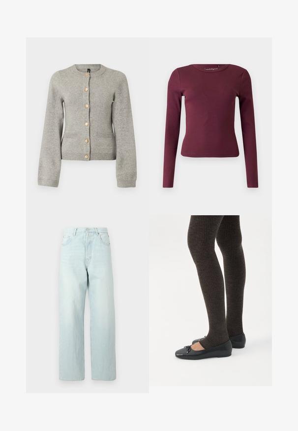 Cardigan en maille gris clair avec un col rond, des manches longues et des boutons dorés sur le devant. Il dispose de deux poches avant.; Haut ajusté à manches longues en maille côtelée bordeaux foncé avec col rond et ourlet légèrement raccourci.; Jean large en denim bleu clair à taille haute, doté de cinq poches, d'une fermeture par bouton et d'un léger délavage.; Jambes portant des leggings côtelés foncés associés à des ballerines noires avec de petits détails en nœud sur fond blanc.