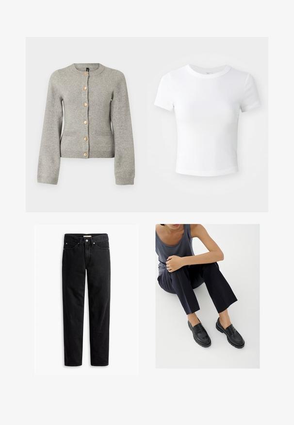 Lys grå strikket cardigan med rund halsudskæring, lange ærmer og guldfarvede knapper ned foran. Har to forlommer.; Simpel hvid kortærmet cropped t-shirt med rund halsudskæring, præsenteret på en neutral lys baggrund.; Sorte straight-leg jeans med knap- og lynlåslukning, bæltestropper samt for- og baglommer, vist fladt på hvid baggrund.; Sorte læderloafers med teksturerede detaljer, lav hæl, rund tå og synlige syninger. Modellen bærer mørke bukser og en grå top.