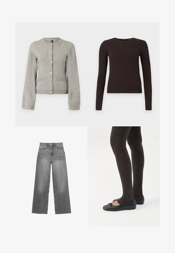 Lys grå strikket cardigan med rund halsudskæring, lange ærmer og guldfarvede knapper ned foran. Har to forlommer.; Mørkebrune ribbede langærmede T-shirt med rund hals og tætsiddende silhuet, præsenteret på en simpel hvid baggrund.; Grå brede jeans lavet af denim, med en mellemhøj talje, fem lommer og subtil falmning på benene.; Ben iført mørke ribbede leggings kombineret med sorte balletsko med små sløjfedetaljer på hvid baggrund.