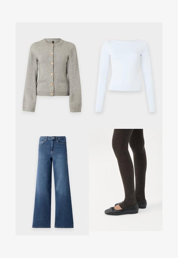 Cárdigan de punto gris claro con cuello redondo, mangas largas y botones dorados en la parte delantera. Presenta dos bolsillos frontales.; Camiseta ajustada de manga larga en un tono azul claro con escote barco y un diseño simple y limpio sobre un fondo liso.; Pantalones vaqueros de denim azul de pierna ancha con una cinturilla estándar, bolsillos delanteros y una textura suave. Sin patrones visibles ni adornos.; Piernas con leggings oscuros acanalados combinados con bailarinas negras que presentan pequeños detalles de lazo sobre un fondo blanco.