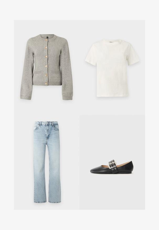 Hellgraue Strickjacke mit rundem Ausschnitt, langen Ärmeln und goldfarbenen Knöpfen auf der Vorderseite. Verfügt über zwei Taschen auf der Vorderseite.; Schlichtes weißes Baumwoll-T-Shirt mit kurzen Ärmeln und Rundhalsausschnitt, dargestellt auf neutralem hellgrauem Hintergrund.; Hellblaue Denim-Jeans mit hoher Taille, weit geschnittenem Bein und subtiler Ausbleichung. Verfügt über das klassische Five-Pocket-Design und einen Metallknopfverschluss.; Schwarzer flacher Lederschuh mit spitz zulaufender Schuhspitze und einem dekorativen Riemen mit silberfarbener Schnalle sowie kleinen Ausschnitten.