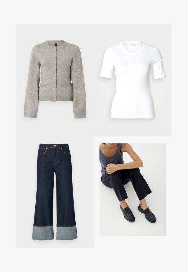 Cárdigan de punto gris claro con cuello redondo, mangas largas y botones dorados en la parte delantera. Presenta dos bolsillos frontales.; Camiseta blanca de manga corta hecha de algodón liso, con escote redondo y forma ajustada. Diseño clásico, sin estampados ni adornos.; Jeans de pierna ancha fabricados en denim oscuro, con un dobladillo de denim más claro. El diseño incluye bolsillos frontales y detalles de costura en contraste.; Mocasines de cuero negro con detalles texturizados, tacón bajo, puntera redonda y costuras visibles. Modelo vistiendo pantalones oscuros y una blusa gris.