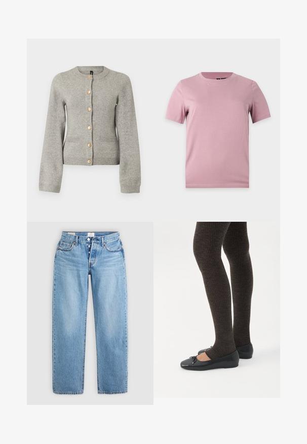 Lys grå strikket cardigan med rund halsudskæring, lange ærmer og guldfarvede knapper ned foran. Har to forlommer.; Enkelt kortærmet blød lyserød bomulds-t-shirt med rund hals, vist på en flad lysgrå baggrund.; Lysblå denim jeans med lige snit, fem lommer og knaplukning. Har syet detaljer og en ren kant.; Ben iført mørke ribbede leggings kombineret med sorte balletsko med små sløjfedetaljer på hvid baggrund.