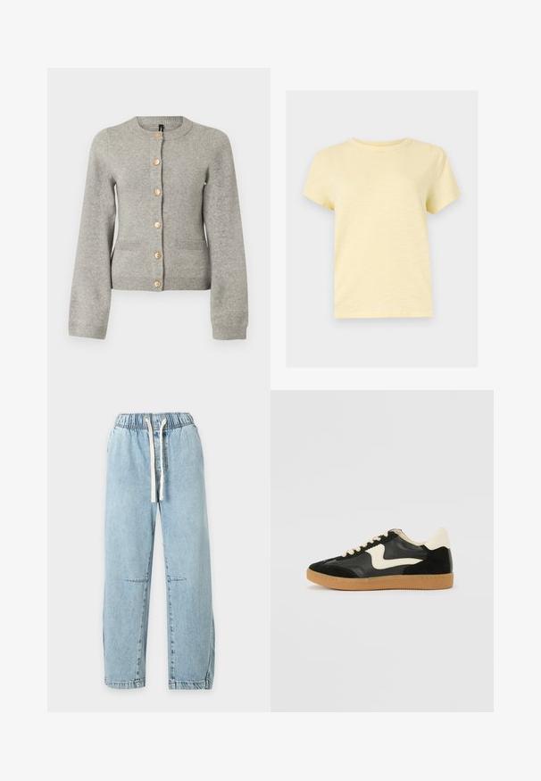 Cardigan en maille gris clair avec un col rond, des manches longues et des boutons dorés sur le devant. Il dispose de deux poches avant.; T-shirt jaune clair à manches courtes et col rond, au design uni, affiché sur un fond plat gris clair.; Pantalon en denim bleu clair avec taille élastique et cordon blanc, jambes droites et détails subtils sur les coutures aux genoux.; Baskets en daim et cuir noir avec un swoosh latéral crème et un talon crème clair. Dotées de lacets beige et d'une semelle en caoutchouc gomme.