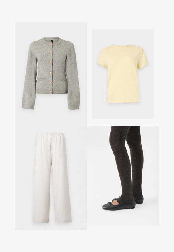 Cardigan en maille gris clair avec un col rond, des manches longues et des boutons dorés sur le devant. Il dispose de deux poches avant.; T-shirt jaune clair à manches courtes et col rond, au design uni, affiché sur un fond plat gris clair.; Pantalon beige crème coupe ample avec taille élastique et jambes larges droites, présenté sur fond blanc uni.; Jambes portant des leggings côtelés foncés associés à des ballerines noires avec de petits détails en nœud sur fond blanc.