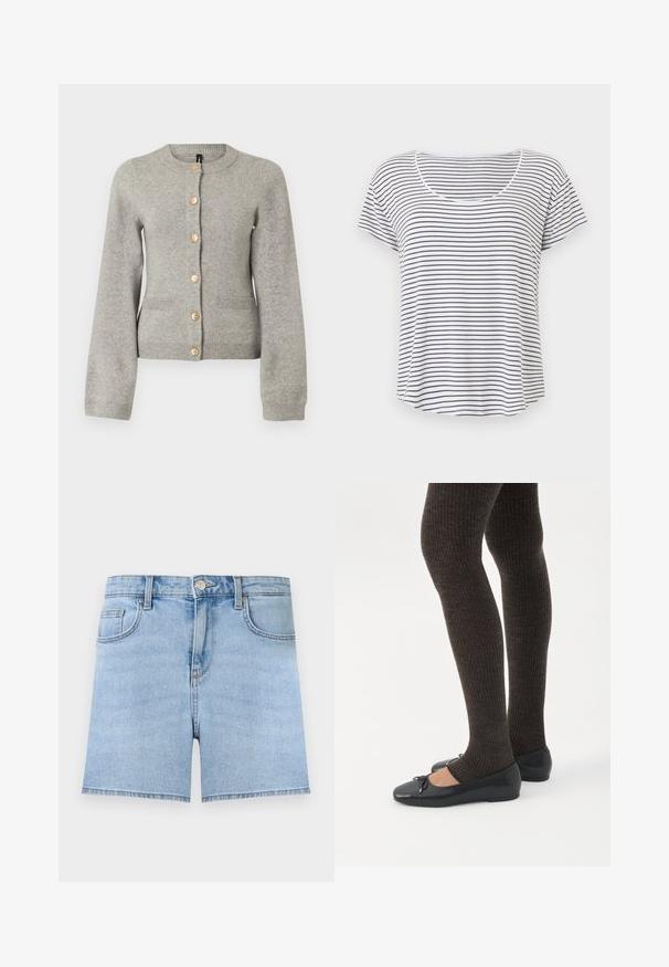 Cardigan en maille gris clair avec un col rond, des manches longues et des boutons dorés sur le devant. Il dispose de deux poches avant.; T-shirt blanc à manches courtes avec de fines rayures horizontales noires et un col arrondi, présenté sur un fond blanc uni.; Short en jean bleu clair avec bouton à l'avant, fermeture éclair, passants de ceinture et design cinq poches sur un fond uni.; Jambes portant des leggings côtelés foncés associés à des ballerines noires avec de petits détails en nœud sur fond blanc.
