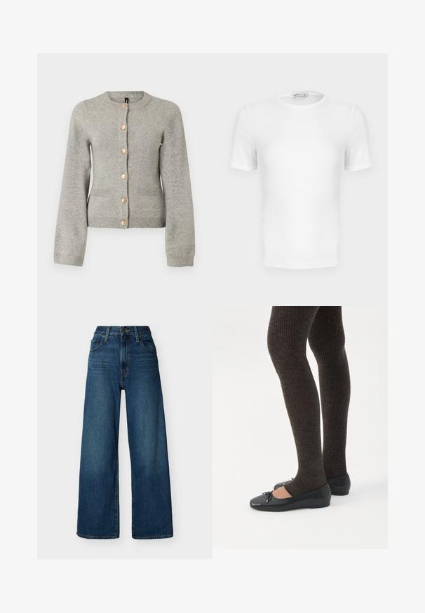 Cardigan en maille gris clair avec un col rond, des manches longues et des boutons dorés sur le devant. Il dispose de deux poches avant.; T-shirt blanc à manches courtes, côtelé, col rond avec une coupe ajustée et une petite étiquette de marque à l'intérieur du col.; Jean en denim bleu à taille haute et à jambes larges, avec fermeture à boutons et fermeture éclair à l'avant, passants pour ceinture et poches avant sur un fond uni.; Jambes portant des leggings côtelés foncés associés à des ballerines noires avec de petits détails en nœud sur fond blanc.