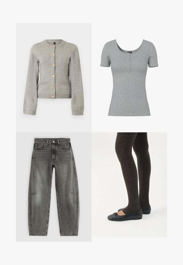 Cárdigan de punto gris claro con cuello redondo, mangas largas y botones dorados en la parte delantera. Presenta dos bolsillos frontales.; Top gris de manga corta con costillas, escote en forma de U y cuatro pequeños botones en el centro delantero.; Jeans de mezclilla gris deslavado de cintura alta con cinco bolsillos, cierre de botón y un corte recto relajado.; Piernas con leggings oscuros acanalados combinados con bailarinas negras que presentan pequeños detalles de lazo sobre un fondo blanco.