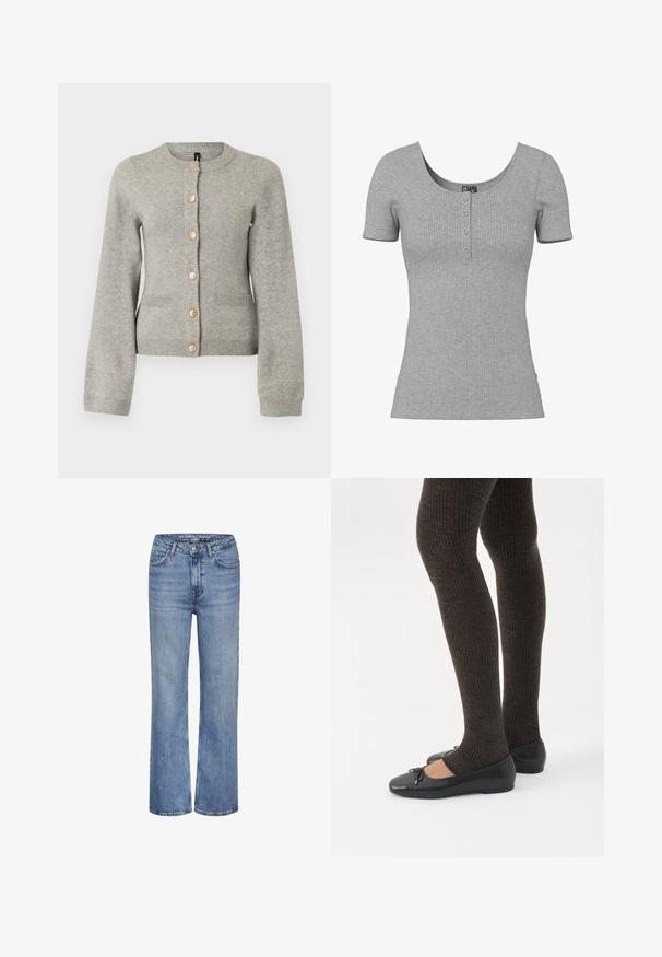 Cárdigan de punto gris claro con cuello redondo, mangas largas y botones dorados en la parte delantera. Presenta dos bolsillos frontales.; Top gris de manga corta con costillas, escote en forma de U y cuatro pequeños botones en el centro delantero.; Jeans de mezclilla azul de tiro alto y pierna recta con cierre de botón en la parte delantera, cremallera y diseño de cinco bolsillos.; Piernas con leggings oscuros acanalados combinados con bailarinas negras que presentan pequeños detalles de lazo sobre un fondo blanco.