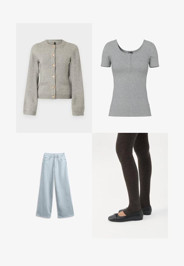 Cardigan en maille gris clair avec un col rond, des manches longues et des boutons dorés sur le devant. Il dispose de deux poches avant.; Haut gris côtelé à manches courtes avec un col rond en U et quatre petits boutons en ligne au centre devant.; Jean large bleu clair en denim, doté d'un design classique à cinq poches et d'une fermeture à bouton à la taille.; Jambes portant des leggings côtelés foncés associés à des ballerines noires avec de petits détails en nœud sur fond blanc.