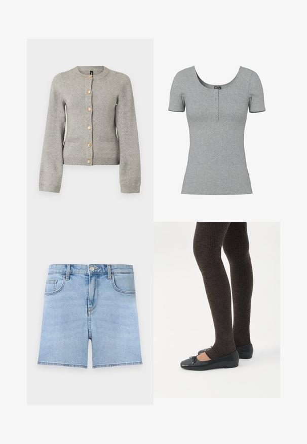 Cardigan en maille gris clair avec un col rond, des manches longues et des boutons dorés sur le devant. Il dispose de deux poches avant.; Haut gris côtelé à manches courtes avec un col rond en U et quatre petits boutons en ligne au centre devant.; Short en jean bleu clair avec bouton à l'avant, fermeture éclair, passants de ceinture et design cinq poches sur un fond uni.; Jambes portant des leggings côtelés foncés associés à des ballerines noires avec de petits détails en nœud sur fond blanc.