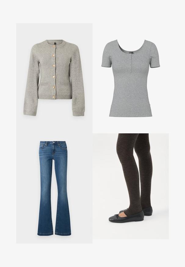 Cardigan en maille gris clair avec un col rond, des manches longues et des boutons dorés sur le devant. Il dispose de deux poches avant.; Haut gris côtelé à manches courtes avec un col rond en U et quatre petits boutons en ligne au centre devant.; Jean en denim bleu avec une taille haute, bouton et fermeture éclair à l'avant, style cinq poches, jambes évasées sur fond uni.; Jambes portant des leggings côtelés foncés associés à des ballerines noires avec de petits détails en nœud sur fond blanc.