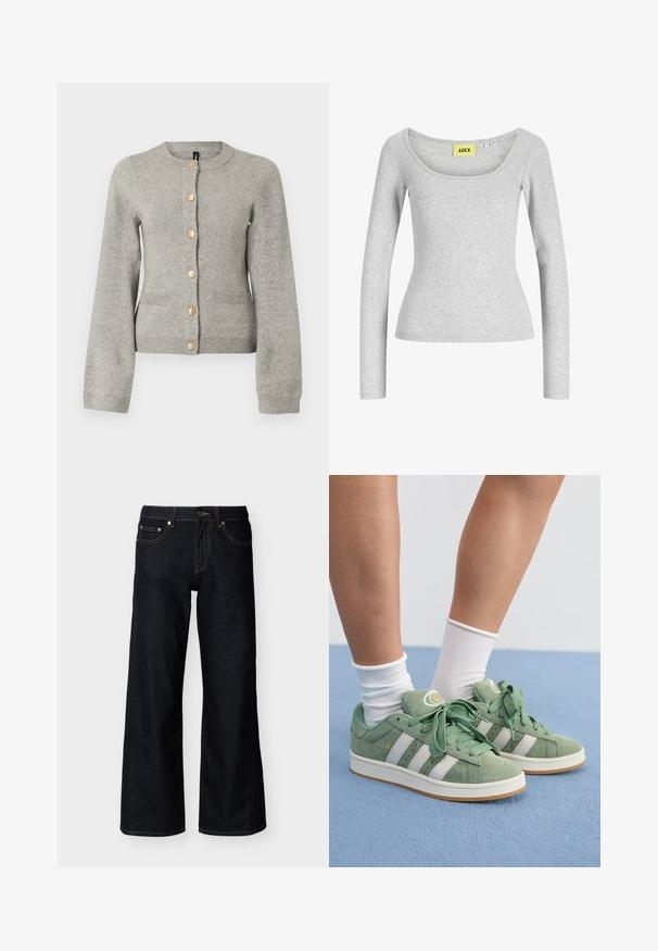 Lys grå strikket cardigan med rund halsudskæring, lange ærmer og guldfarvede knapper ned foran. Har to forlommer.; Lysegrå, langærmet tætsiddende top med bred rund halsudskæring og gul mærkeetiket "JJXX" syet ind i kraven.; Mørkeblå jeans med brede ben, med forreste knap, lynlås og styling med fem lommer på en ensfarvet lys baggrund.; Grønne ruskindsneakers med hvide striber. Har runde snørebånd, en struktureret tungen og et rundt logo på tungen.