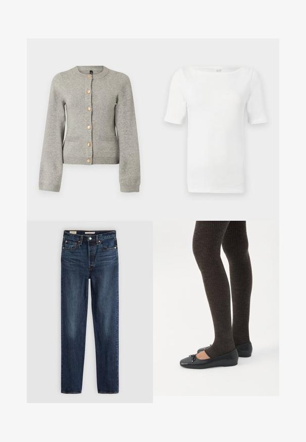 Cardigan en maille gris clair avec un col rond, des manches longues et des boutons dorés sur le devant. Il dispose de deux poches avant.; Haut en maille blanc à manches courtes avec encolure bateau, silhouette ajustée et tissu doux de la marque GAP.; Jeans droits bleu foncé avec cinq poches, fermeture à bouton et à glissière, et surpiqûre contrastante.; Jambes portant des leggings côtelés foncés associés à des ballerines noires avec de petits détails en nœud sur fond blanc.