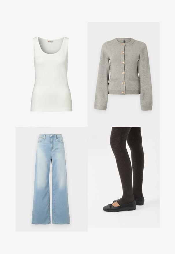 Cardigan en maille gris clair avec un col rond, des manches longues et des boutons dorés sur le devant. Il dispose de deux poches avant.; Débardeur blanc sans manches avec un col rond, fabriqué en tissu en coton lisse, présentant une coupe ajustée et sans motifs ni accents visibles.; Jean large bleu clair à taille haute, avec boutons à l'avant et poches, présenté sur un fond blanc.; Jambes portant des leggings côtelés foncés associés à des ballerines noires avec de petits détails en nœud sur fond blanc.