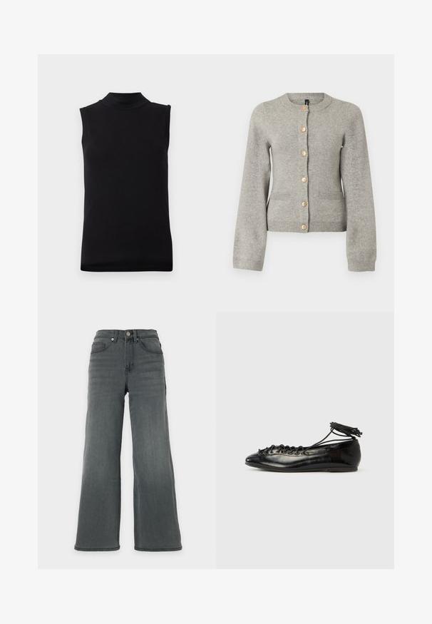 Cardigan en maille gris clair avec un col rond, des manches longues et des boutons dorés sur le devant. Il dispose de deux poches avant.; Débardeur noir sans manches avec un col montant, fabriqué en tissu lisse et extensible, présenté sur un fond blanc uni.; Jean en denim gris foncé taille haute, jambes larges, avec poches avant et fermeture par bouton sur un fond neutre.; Ballerines en cuir verni noir avec un bout rond, un design à lacets et une semelle plate. Texture lisse avec peu de détails.