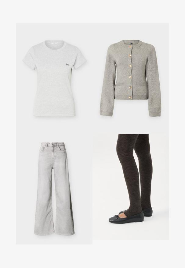Cárdigan de punto gris claro con cuello redondo, mangas largas y botones dorados en la parte delantera. Presenta dos bolsillos frontales.; Camiseta de manga corta de color gris claro con tejido acanalado, cuello redondo y pequeño logo negro de "Pepe Jeans" en el lado izquierdo del pecho.; Jeans de pierna ancha color gris claro hechos de mezclilla, con cintura alta, bolsillos delanteros y cierre de botones. Textura suave con un aspecto ligeramente desvanecido.; Piernas con leggings oscuros acanalados combinados con bailarinas negras que presentan pequeños detalles de lazo sobre un fondo blanco.