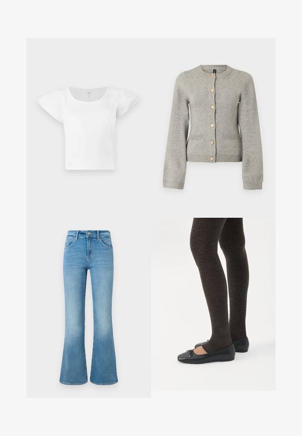 Cardigan en maille gris clair avec un col rond, des manches longues et des boutons dorés sur le devant. Il dispose de deux poches avant.; Haut court à manches courtes blanc avec épaules bouffantes et col rond, en tissu côtelé, de GAP en taille moyenne.; Jean flare en denim bleu clair avec poches avant, passants de ceinture et fermeture à bouton sur un fond blanc.; Jambes portant des leggings côtelés foncés associés à des ballerines noires avec de petits détails en nœud sur fond blanc.