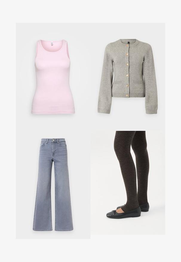Cárdigan de punto gris claro con cuello redondo, mangas largas y botones dorados en la parte delantera. Presenta dos bolsillos frontales.; Top de algodón rosa sin mangas con una textura acanalada y un escote redondo clásico. Diseño ajustado y sin detalles prominentes.; Vaqueros de mezclilla azul claro, de pierna ancha y cintura alta, con cierre frontal de botones y cremallera, bolsillos delanteros y traseros, mostrados sobre un fondo blanco.; Piernas con leggings oscuros acanalados combinados con bailarinas negras que presentan pequeños detalles de lazo sobre un fondo blanco.