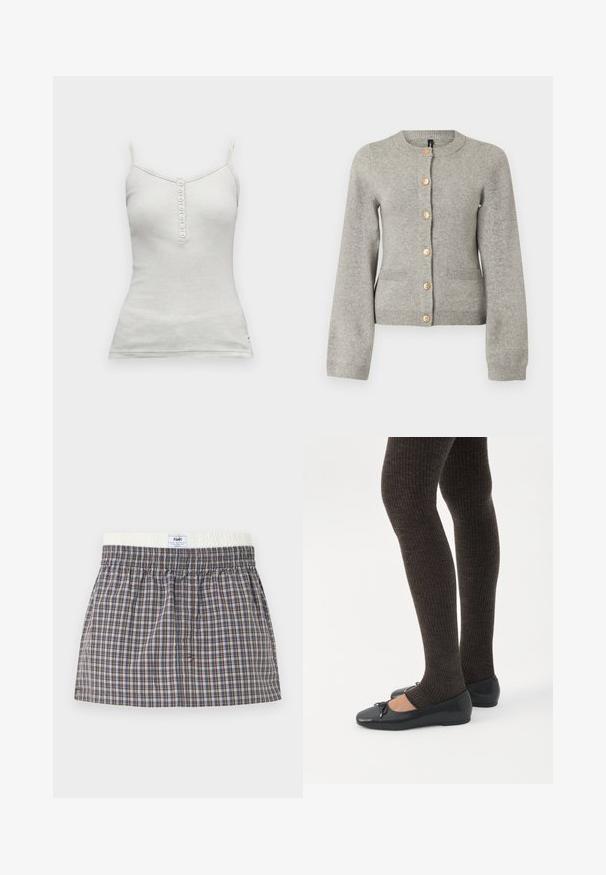 Cardigan en maille gris clair avec un col rond, des manches longues et des boutons dorés sur le devant. Il dispose de deux poches avant.; Débardeur blanc sans manches avec fines bretelles et une rangée verticale de sept boutons au centre devant.; Shorty boxer à carreaux marron, bleu et blanc avec une taille élastique et une étiquette blanche au centre devant.; Jambes portant des leggings côtelés foncés associés à des ballerines noires avec de petits détails en nœud sur fond blanc.