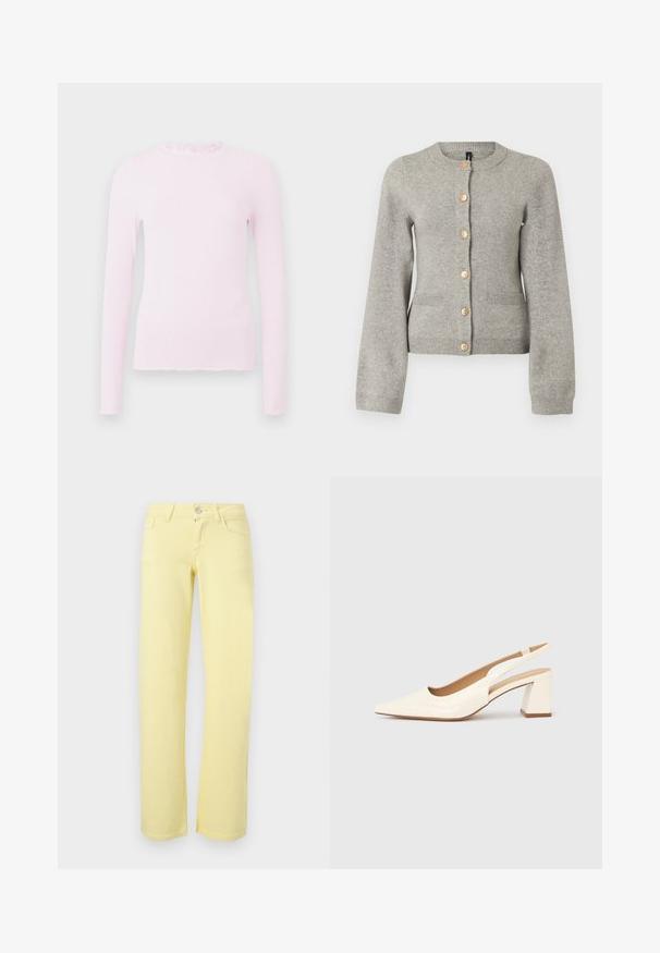 Cardigan en maille gris clair avec un col rond, des manches longues et des boutons dorés sur le devant. Il dispose de deux poches avant.; Haut à manches longues rose en texture côtelée, présentant un col volanté et un design ajusté avec des détails d'ourlet effiloché.; Pantalon jaune à jambes droites avec bouton devant, fermeture éclair et design à cinq poches sur fond uni.; Escarpin slingback en cuir verni crème brillant, avec un bout pointu et un talon carré épais pour la stabilité. Design minimaliste, sans ornements.