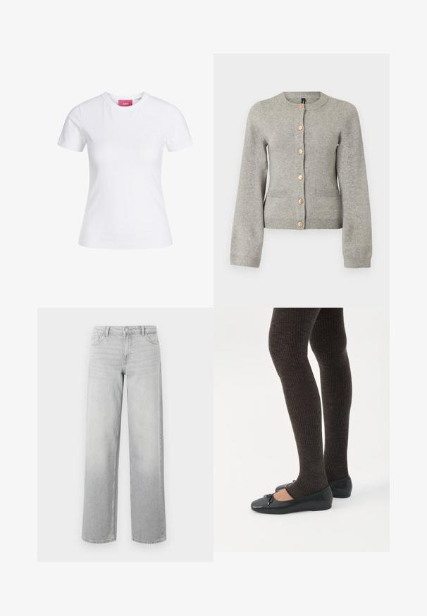 Lichtgrijze gebreide cardigan met een ronde halslijn, lange mouwen en goudkleurige knopen aan de voorkant. Beschikt over twee voorzakken.; Witte, nauwsluitende T-shirt met korte mouwen en ronde hals, met een roze JJXX-label aan de binnenkant van de kraag, afgebeeld tegen een effen achtergrond.; Lichtgrijze wijde spijkerbroek van denim. Voorzien van vijf zakken, een knoopsluiting en een subtiele vervaagde structuur voor een versleten uitstraling.; Benen met donkere geribbelde leggings gecombineerd met zwarte ballerina's met kleine strikdetails op een witte achtergrond.