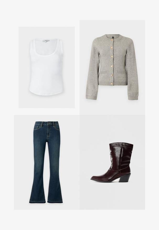 Cardigan en maille gris clair avec un col rond, des manches longues et des boutons dorés sur le devant. Il dispose de deux poches avant.; Débardeur blanc côtelé sans manches avec encolure dégagée et étiquette Topshop à l'arrière du col intérieur, présenté sur un fond uni.; Jean taille haute bleu foncé avec jambes évasées, bouton et fermeture éclair à l'avant, et design à cinq poches sur un fond clair uni.; Bottines en cuir bourgogne avec un bout pointu, une surface texturée et un petit talon effilé. Présente une couture discrète et un ajustement confortable.