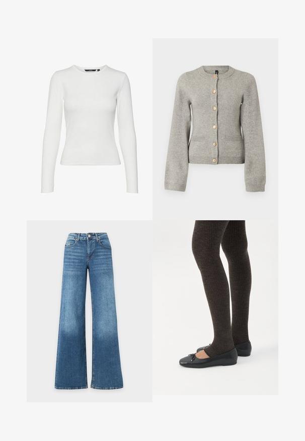Cardigan en maille gris clair avec un col rond, des manches longues et des boutons dorés sur le devant. Il dispose de deux poches avant.; Chemise blanche à manches longues en tissu côtelé, dotée d'un col rond et d'une coupe ajustée. Aucun motif ni accent visible.; Jean bleu taille haute à jambes larges avec bouton à l'avant, fermeture éclair, poches avant et arrière, présenté sur un fond blanc.; Jambes portant des leggings côtelés foncés associés à des ballerines noires avec de petits détails en nœud sur fond blanc.